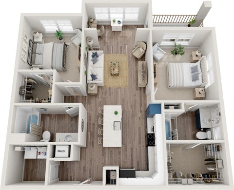 Floor plan for 2 beds, 2 baths, 1186 sqft